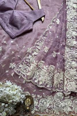 Lavender soft organza saree with floral embroidery & raw silk blend blouse 1
