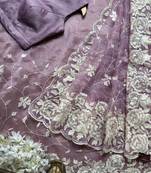 Lavender soft organza saree with floral embroidery & raw silk blend blouse