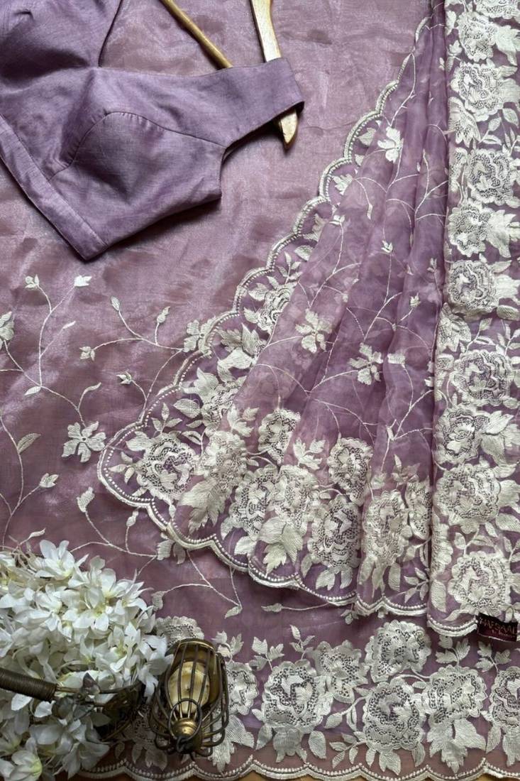 Lavender soft organza saree with floral embroidery & raw silk blend blouse
