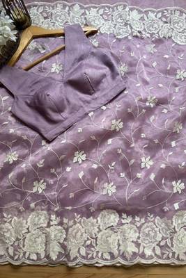 Lavender soft organza saree with floral embroidery & raw silk blend blouse 2