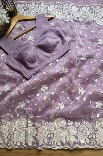 Lavender soft organza saree with floral embroidery & raw silk blend blouse