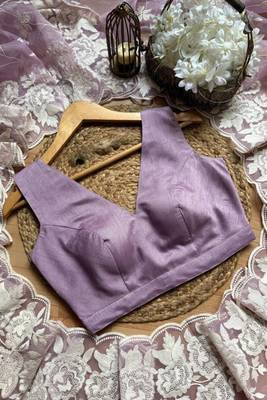 Lavender soft organza saree with floral embroidery & raw silk blend blouse 4