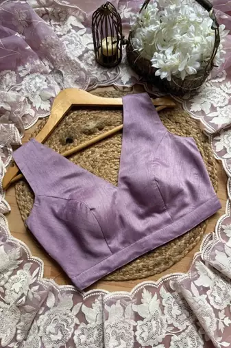 Lavender soft organza saree with floral embroidery & raw silk blend blouse