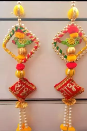  handmade shubh labh hanging with parrot design decorative door wall hanging for home entrance 