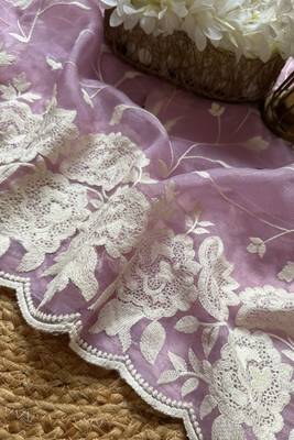 Lavender soft organza saree with floral embroidery & raw silk blend blouse 5