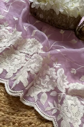 Lavender soft organza saree with floral embroidery & raw silk blend blouse