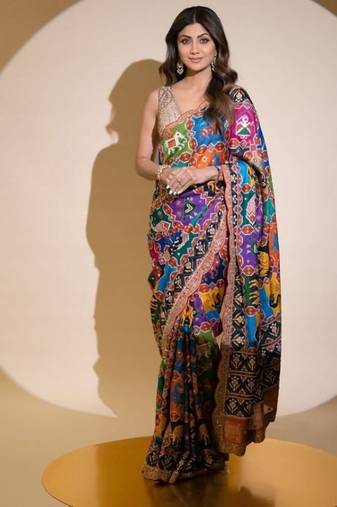 Multicolor shilpa shetty patola print georgette saree with sequins & swarovski