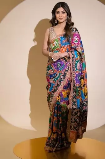 Multicolor shilpa shetty patola print georgette saree with sequins & swarovski