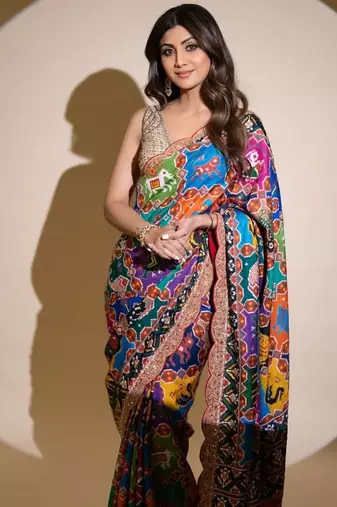 Multicolor shilpa shetty patola print georgette saree with sequins & swarovski