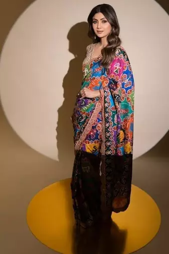 Multicolor shilpa shetty patola print georgette saree with sequins & swarovski