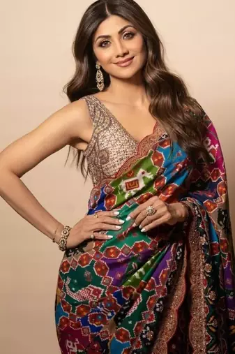 Multicolor shilpa shetty patola print georgette saree with sequins & swarovski