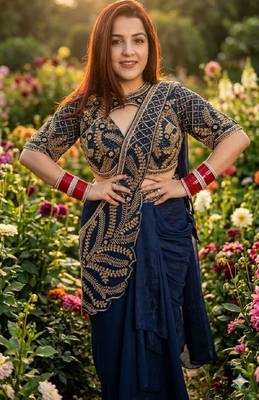 Deep blue indo-western dhoti drape saree with embroidered blouse 4
