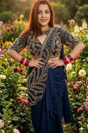 Deep blue indo-western dhoti drape saree with embroidered blouse