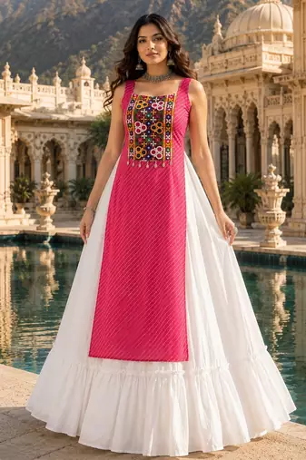 Rani  Readymade Frill Lehenga With Kutch Work Kurti For Navratri Kediya - full stitched free size