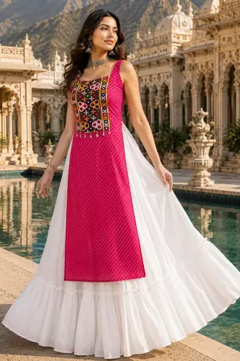Rani  Readymade Frill Lehenga With Kutch Work Kurti For Navratri Kediya - full stitched free size