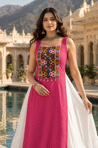 Rani  Readymade Frill Lehenga With Kutch Work Kurti For Navratri Kediya - full stitched free size