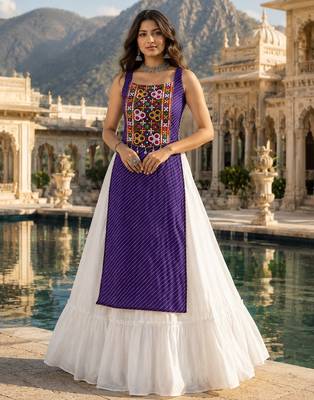 Purple Color Readymade Frill Lehenga With Kutch Work Kurti For Navratri Kediya 1