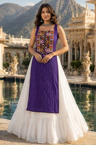 Purple Color Readymade Frill Lehenga With Kutch Work Kurti For Navratri Kediya