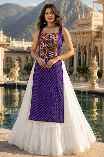 Purple Color Readymade Frill Lehenga With Kutch Work Kurti For Navratri Kediya