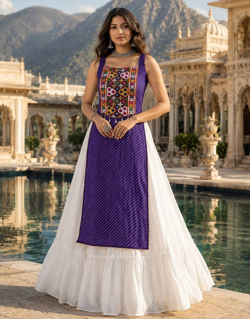 Purple Color Readymade Frill Lehenga With Kutch Work Kurti For Navratri Kediya