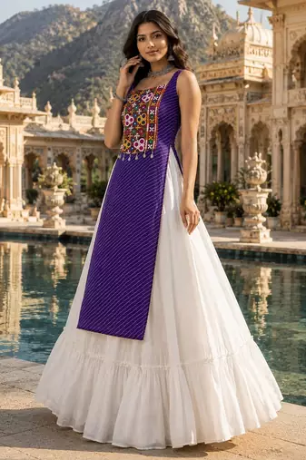 Purple Color Readymade Frill Lehenga With Kutch Work Kurti For Navratri Kediya