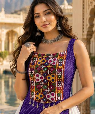 Purple Color Readymade Frill Lehenga With Kutch Work Kurti For Navratri Kediya 3