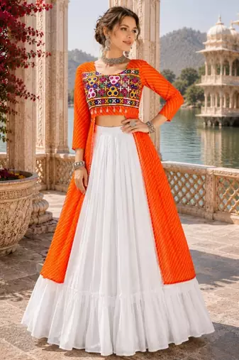 Orange  Readymade Frill Lehenga With Kutch Work Kurti For Navratri Kediya - full stitched free size