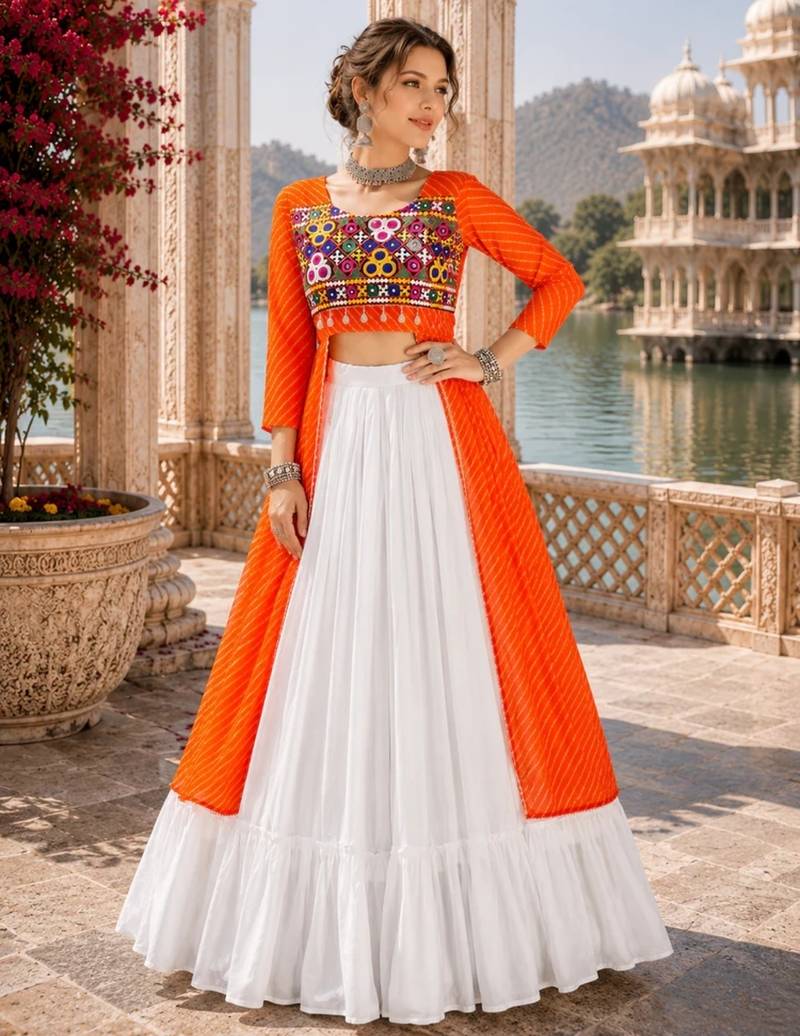 Orange  Readymade Frill Lehenga With Kutch Work Kurti For Navratri Kediya - full stitched free size