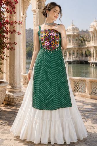 Green  Readymade Frill Lehenga With Kutch Work Kurti For Navratri Kediya - full stitched free size