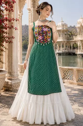 Green  Readymade Frill Lehenga With Kutch Work Kurti For Navratri Kediya - full stitched free size