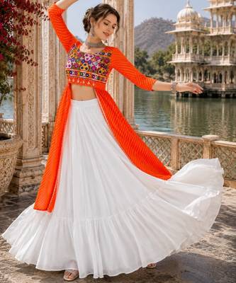 Orange  Readymade Frill Lehenga With Kutch Work Kurti For Navratri Kediya - full stitched free size 2