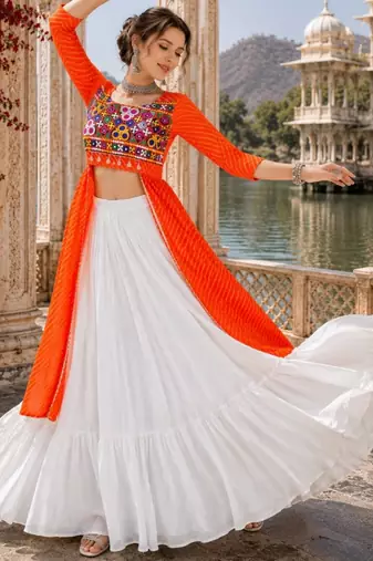 Orange  Readymade Frill Lehenga With Kutch Work Kurti For Navratri Kediya - full stitched free size