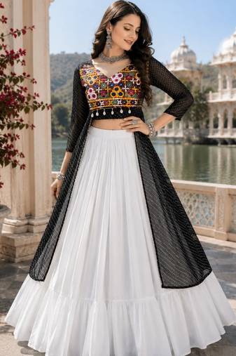 Black Color Readymade Frill Lehenga With Kutch Work Kurti For Navratri Kediya
