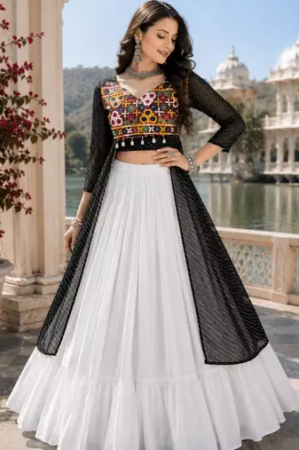 Black Color Readymade Frill Lehenga With Kutch Work Kurti For Navratri Kediya