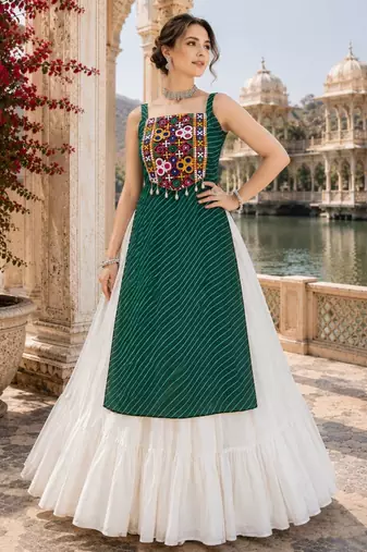 Green  Readymade Frill Lehenga With Kutch Work Kurti For Navratri Kediya - full stitched free size