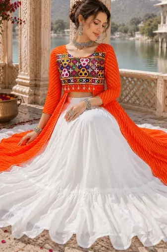 Orange  Readymade Frill Lehenga With Kutch Work Kurti For Navratri Kediya - full stitched free size