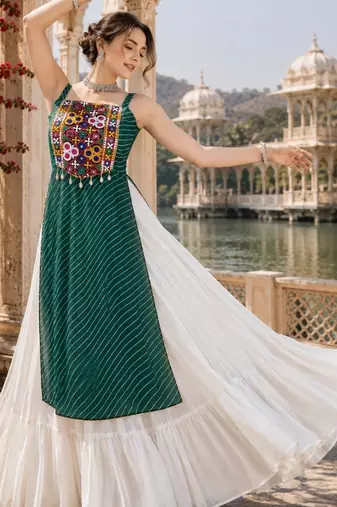 Green  Readymade Frill Lehenga With Kutch Work Kurti For Navratri Kediya - full stitched free size