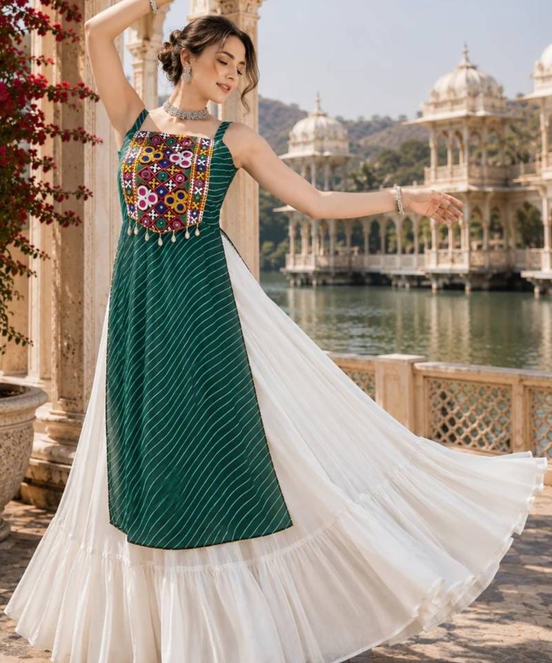 Green  Readymade Frill Lehenga With Kutch Work Kurti For Navratri Kediya - full stitched free size