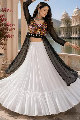 Black Color Readymade Frill Lehenga With Kutch Work Kurti For Navratri Kediya