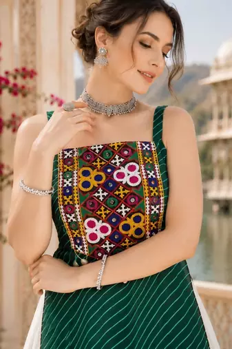 Green  Readymade Frill Lehenga With Kutch Work Kurti For Navratri Kediya - full stitched free size