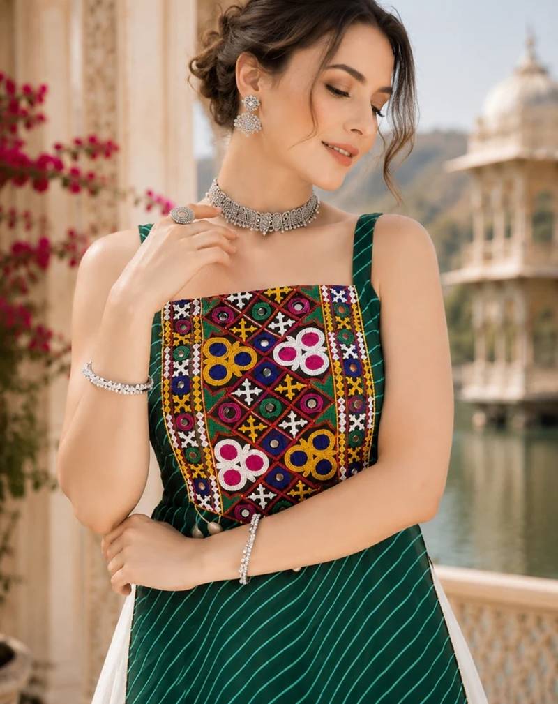 Green  Readymade Frill Lehenga With Kutch Work Kurti For Navratri Kediya - full stitched free size