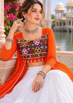 Orange  Readymade Frill Lehenga With Kutch Work Kurti For Navratri Kediya - full stitched free size 4