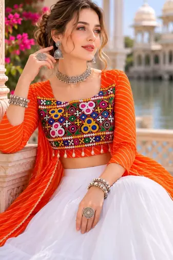 Orange  Readymade Frill Lehenga With Kutch Work Kurti For Navratri Kediya - full stitched free size