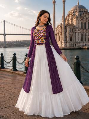 Wine  Readymade Frill Lehenga With Kutch Work Kurti For Navratri Kediya - full stitched free size 1