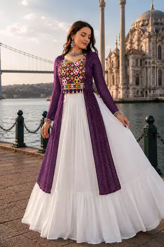 Wine  Readymade Frill Lehenga With Kutch Work Kurti For Navratri Kediya - full stitched free size