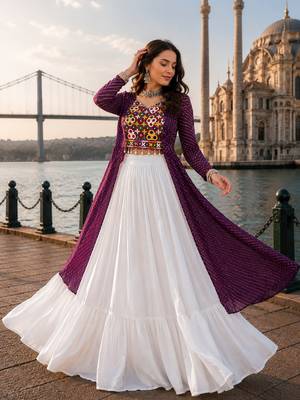 Wine  Readymade Frill Lehenga With Kutch Work Kurti For Navratri Kediya - full stitched free size 2