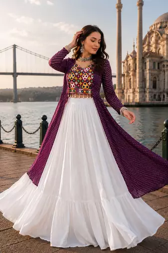 Wine  Readymade Frill Lehenga With Kutch Work Kurti For Navratri Kediya - full stitched free size