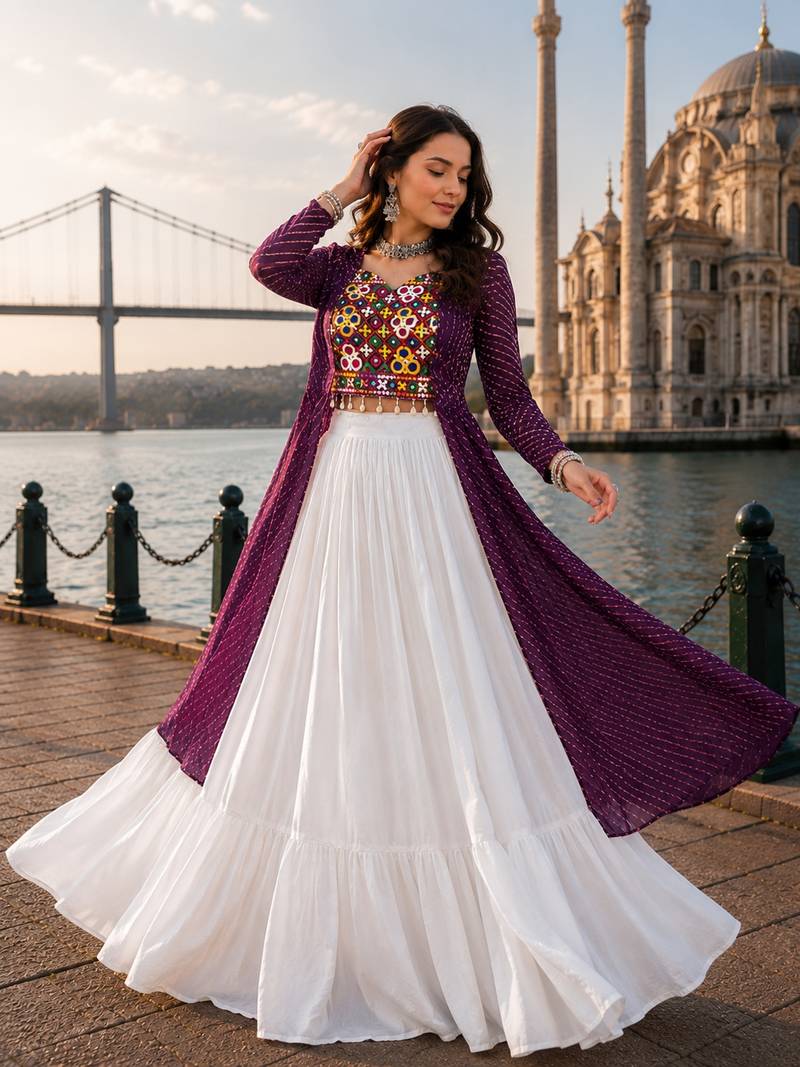 Wine  Readymade Frill Lehenga With Kutch Work Kurti For Navratri Kediya - full stitched free size