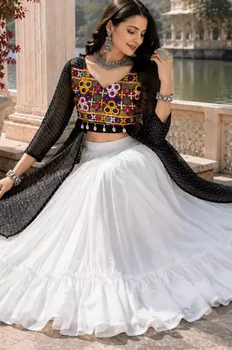 Black Color Readymade Frill Lehenga With Kutch Work Kurti For Navratri Kediya