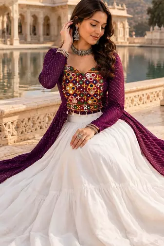 Wine  Readymade Frill Lehenga With Kutch Work Kurti For Navratri Kediya - full stitched free size